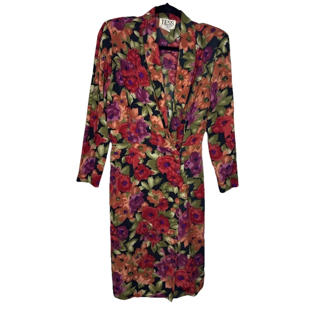 Vtg 80s Tess Dress Floral Womens Long Sleeve Wrap Low Cut Secretary Dress Sz 8 P